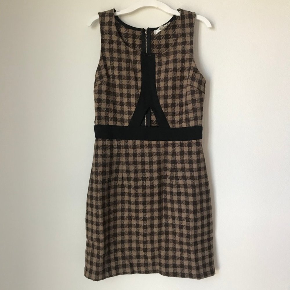INA Brown Checkered Open Front Midi Dress